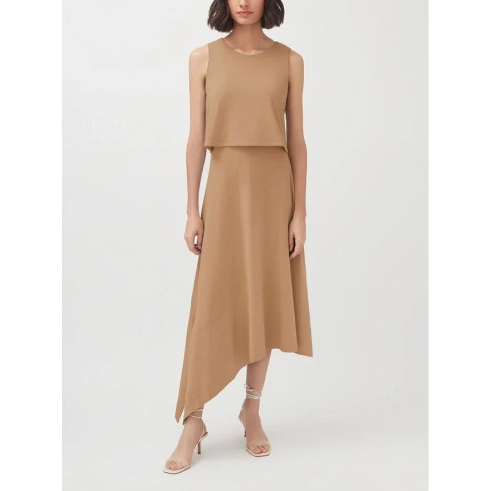 CUYANA Asymmetrical Overlay Sleeveless Pima Cotton Midi Dress‎ in Camel